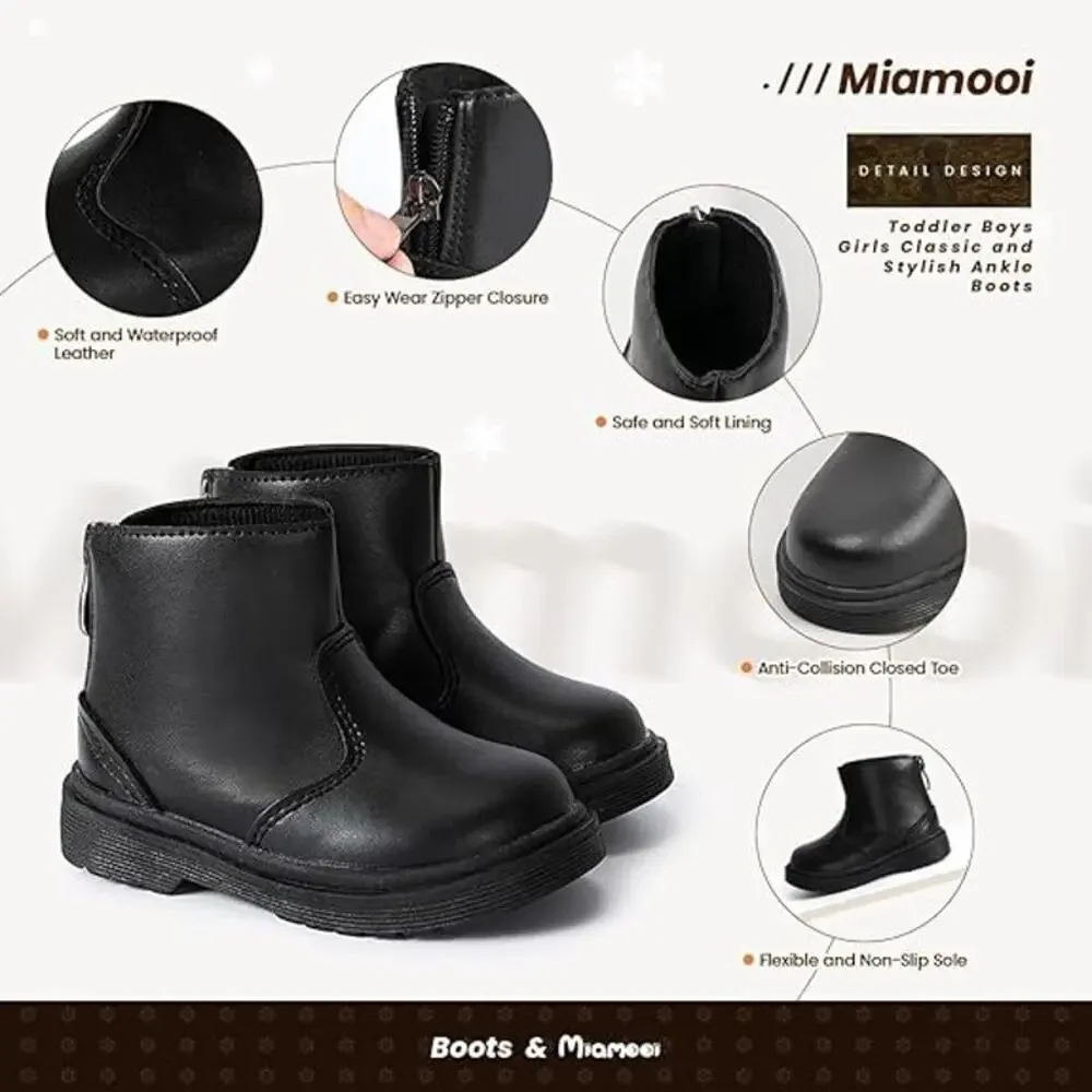 Miamooi Toddler Girls Size 5.5 Black Boots Faux Leather Round Toe Back Zip Shoes